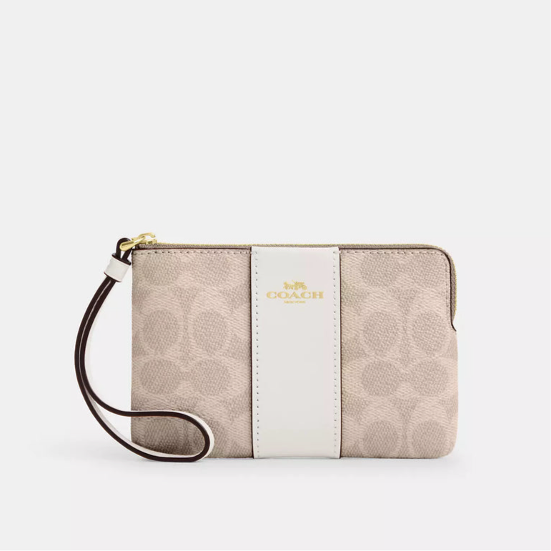 Coach Corner Zip Wristlet In Signature Canvas With Stripe