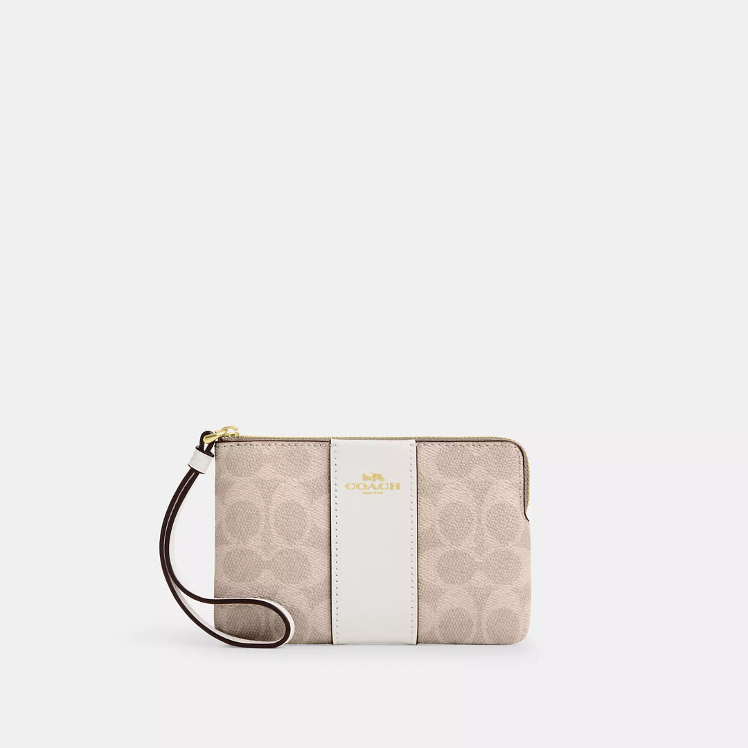 Coach Corner Zip Wristlet In Signature Canvas With Stripe